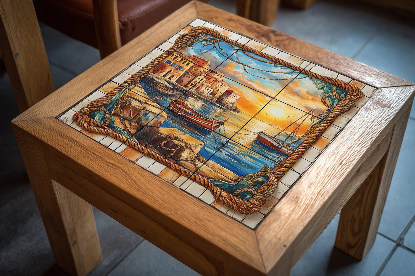 Ceramic tile mural with sunset at the port, fishing boats, rope border, stone pier and coastal houses reflected in the golden sea.