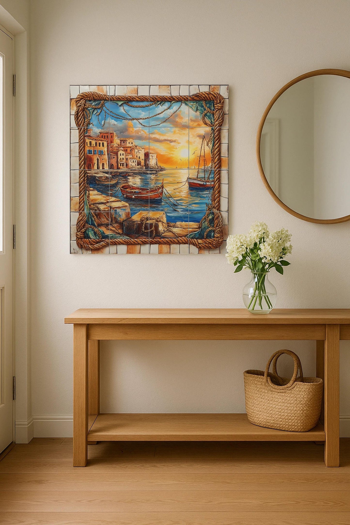 Ceramic tile mural with sunset at the port, fishing boats, rope border, stone pier and coastal houses reflected in the golden sea.