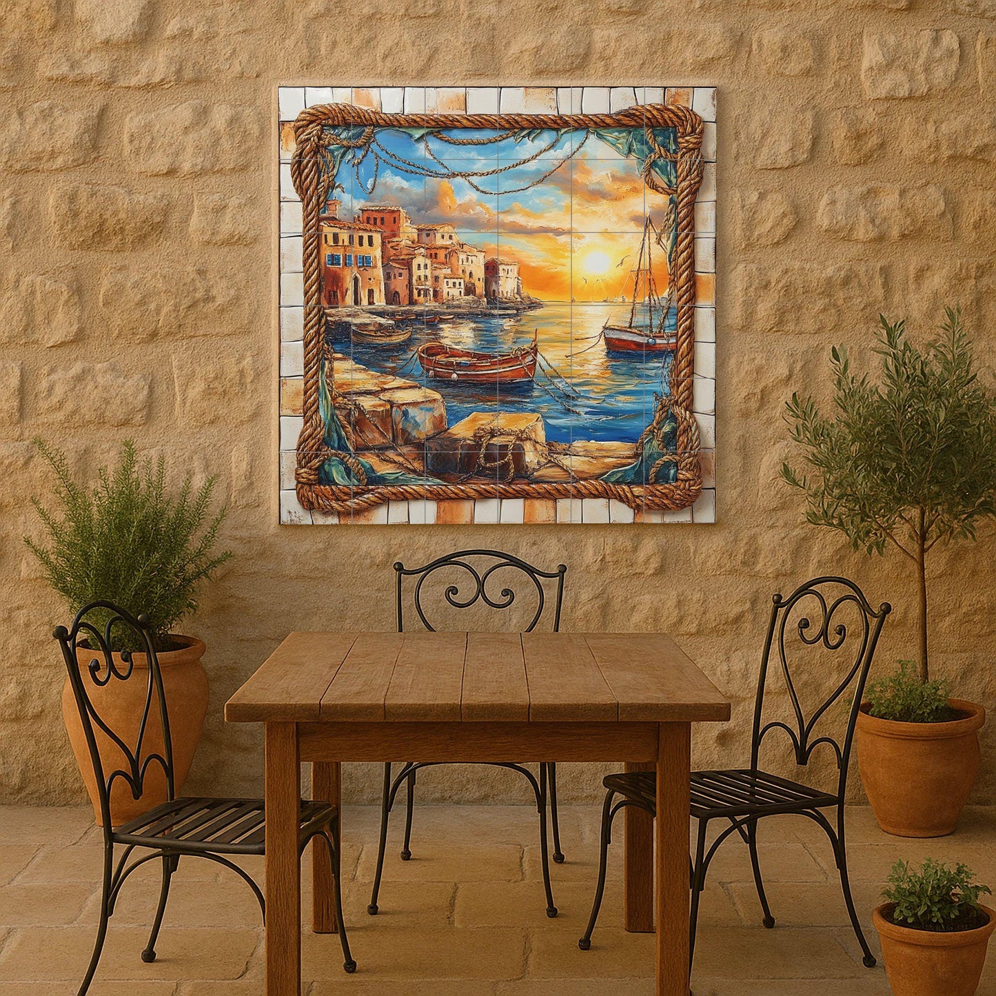 Ceramic tile mural with sunset at the port, fishing boats, rope border, stone pier and coastal houses reflected in the golden sea.