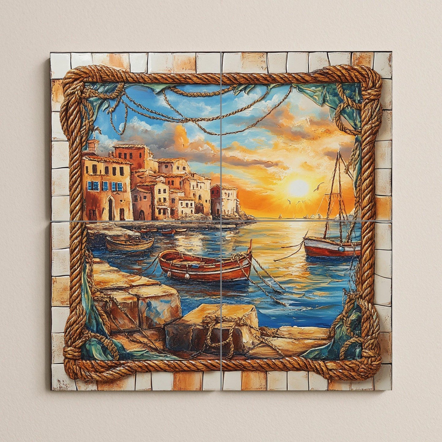 Ceramic tile mural with sunset at the port, fishing boats, rope border, stone pier and coastal houses reflected in the golden sea.