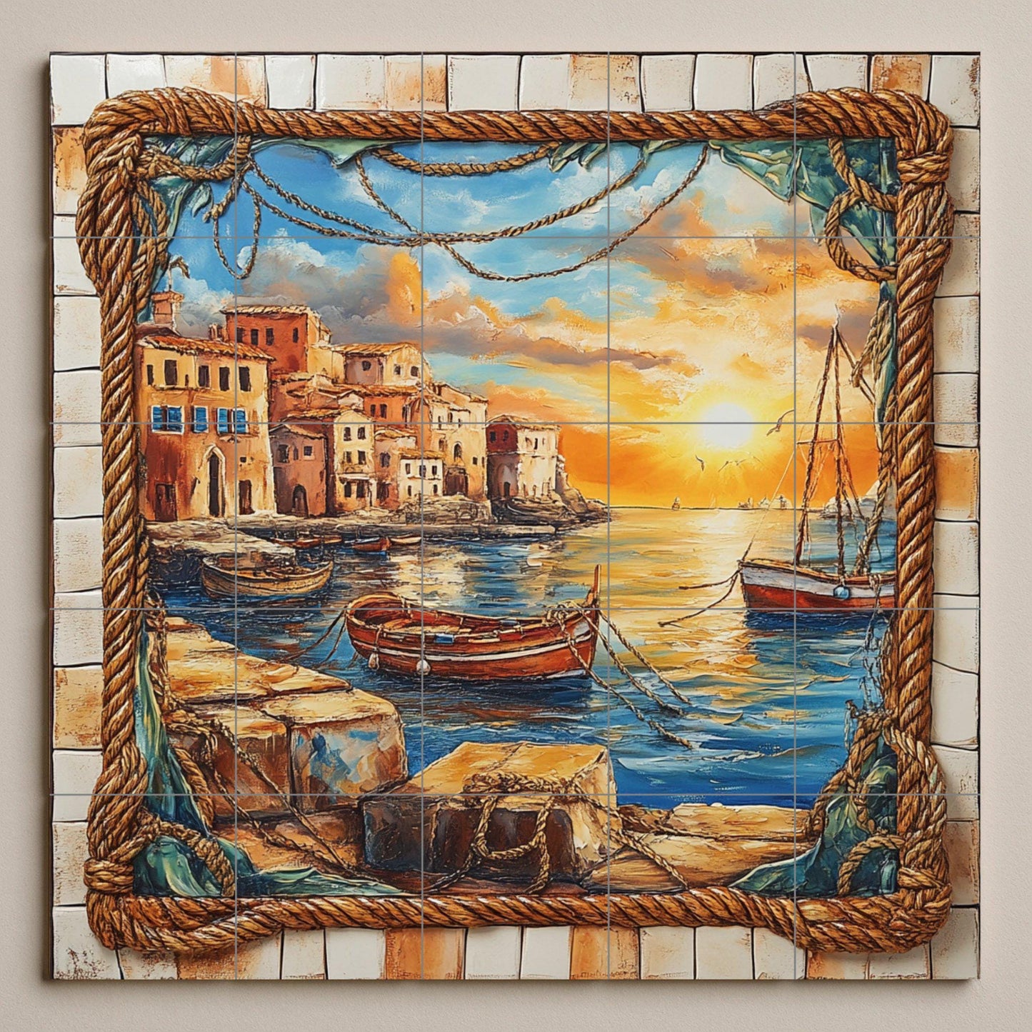 Ceramic tile mural with sunset at the port, fishing boats, rope border, stone pier and coastal houses reflected in the golden sea.