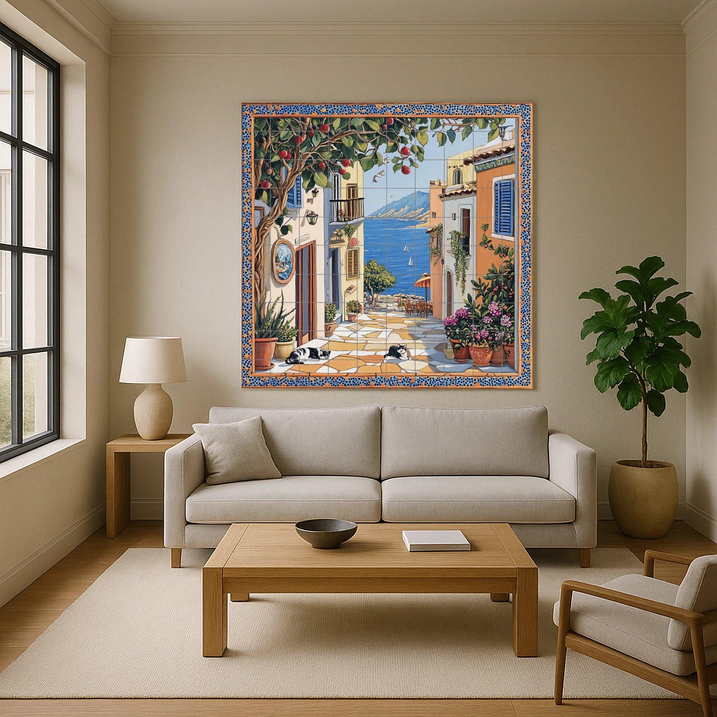 Ceramic tile mural with street scene of a coastal town, fruit tree, flower pots, houses by the sea and black and white cats resting on the pavement.
