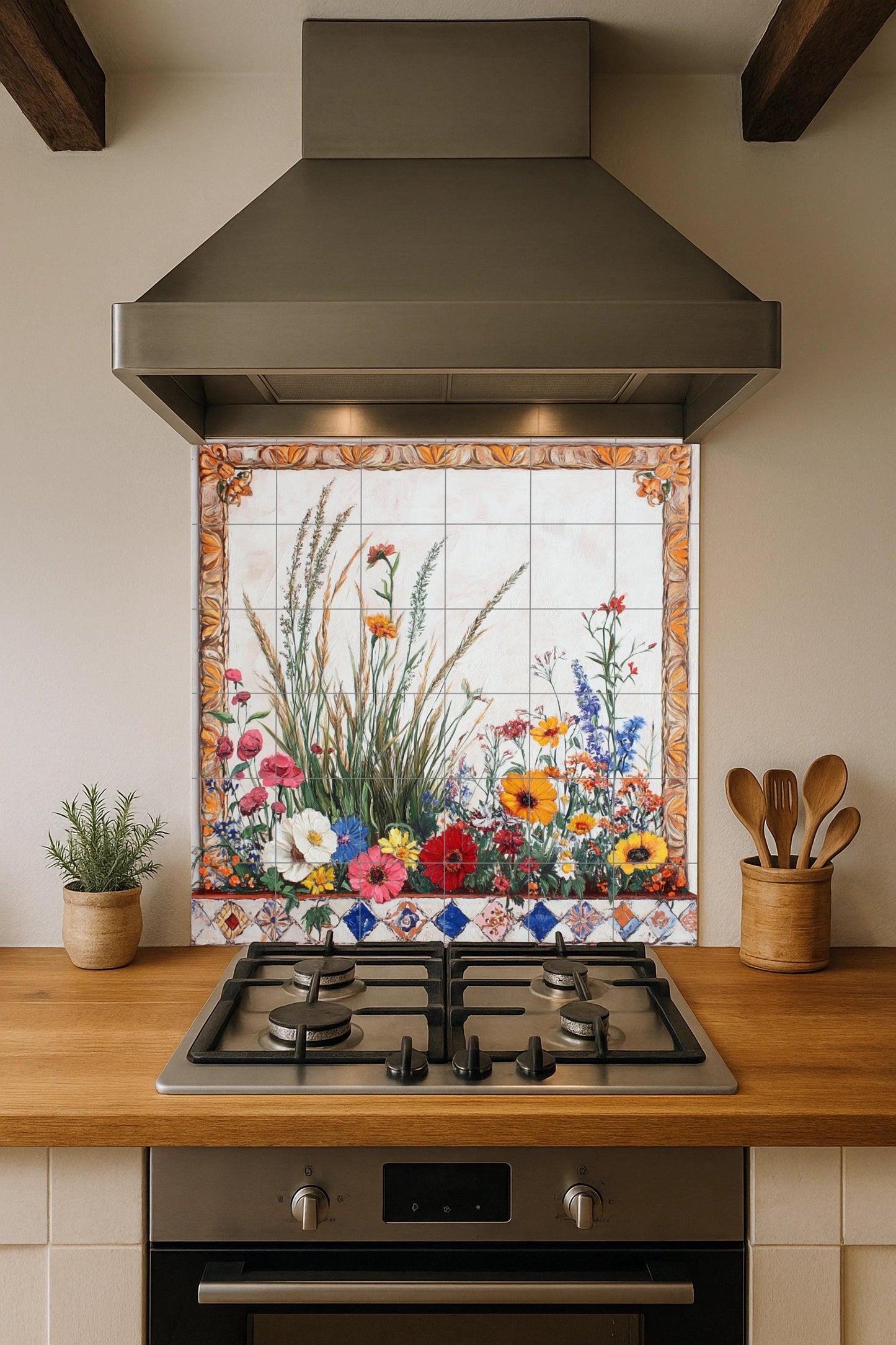 Ceramic tile mural with wildflower meadow border, wheat stalks, poppies, daisies, marigolds and decorative botanical panel with ornate frame.