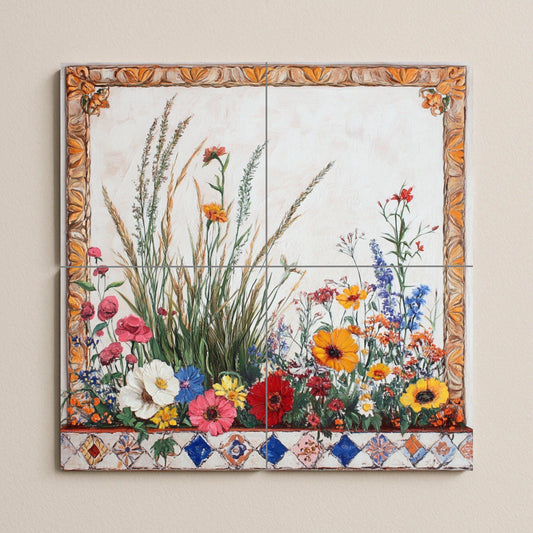 Ceramic tile mural with wildflower meadow border, wheat stalks, poppies, daisies, marigolds and decorative botanical panel with ornate frame.