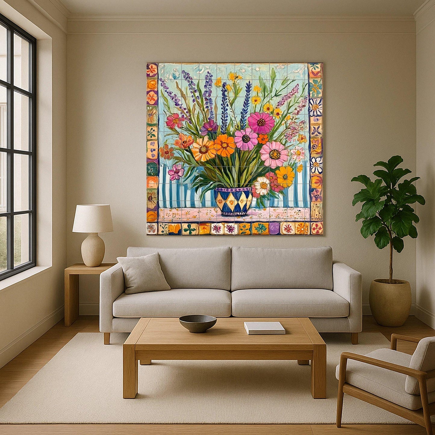 Ceramic tile mural with a colorful bouquet of wildflowers in a patterned vase, lavender, daisies, zinnias and decorative wall art with ornate border.