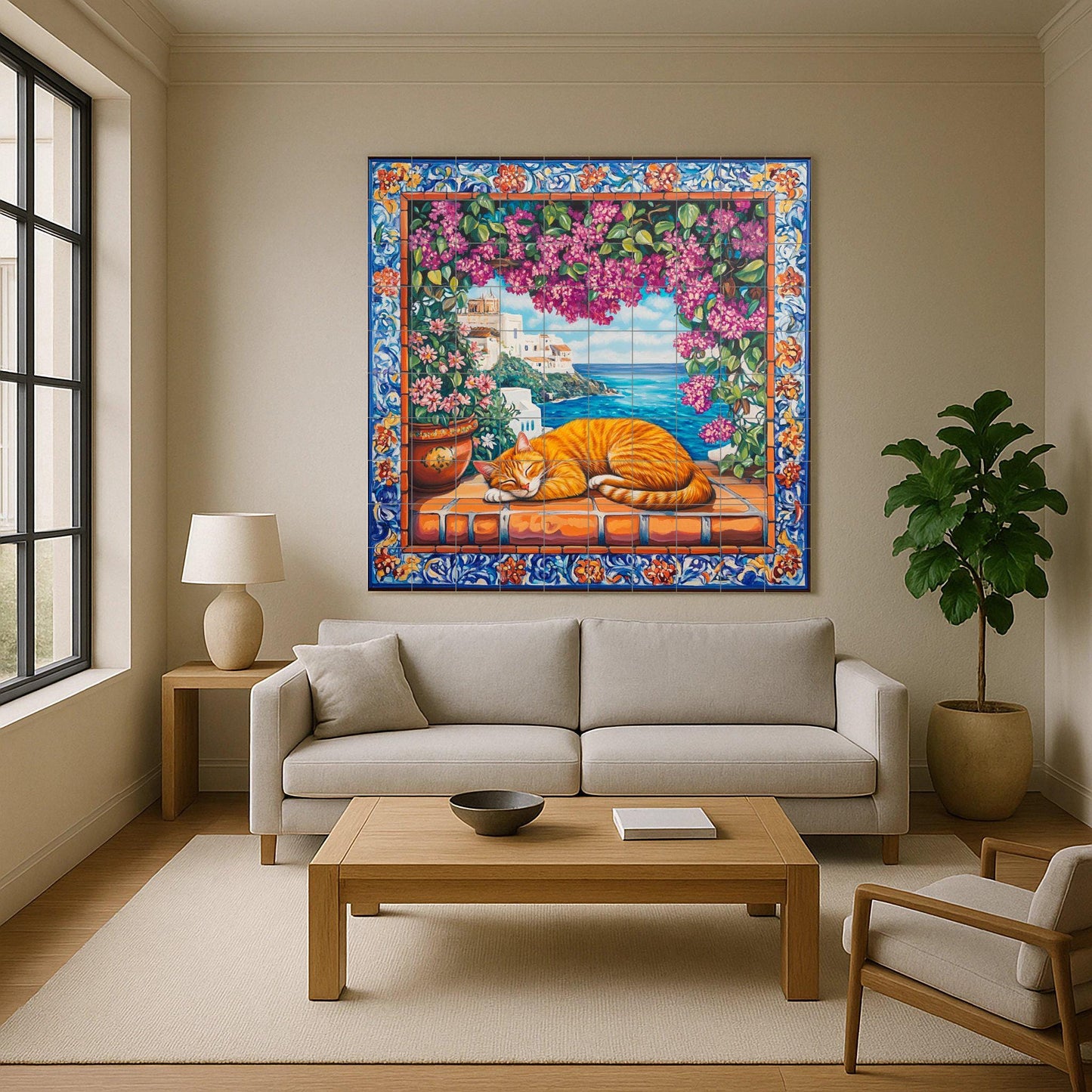 Ceramic tile mural with orange cat sleeping on terracotta tiles, view of a Mediterranean coastal village, bougainvillea and ornate floral border.