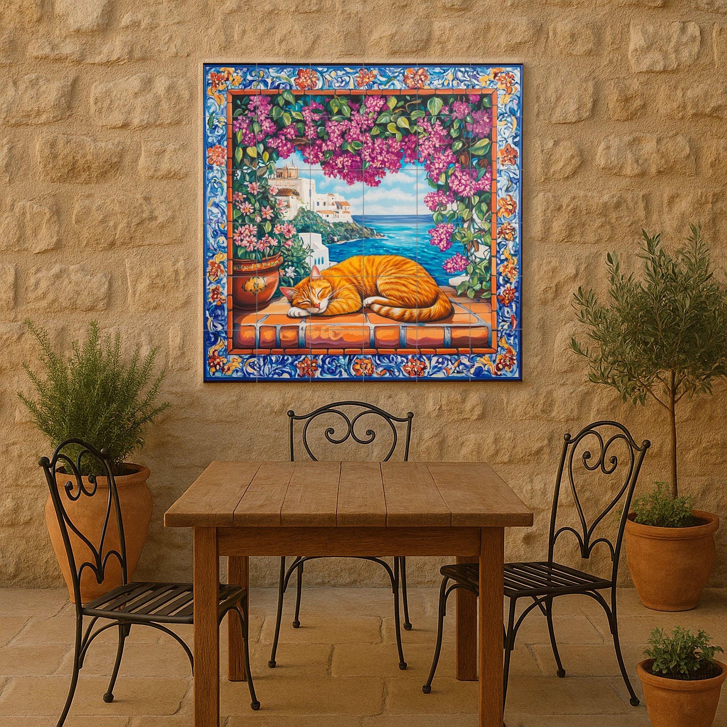 Ceramic tile mural with orange cat sleeping on terracotta tiles, view of a Mediterranean coastal village, bougainvillea and ornate floral border.