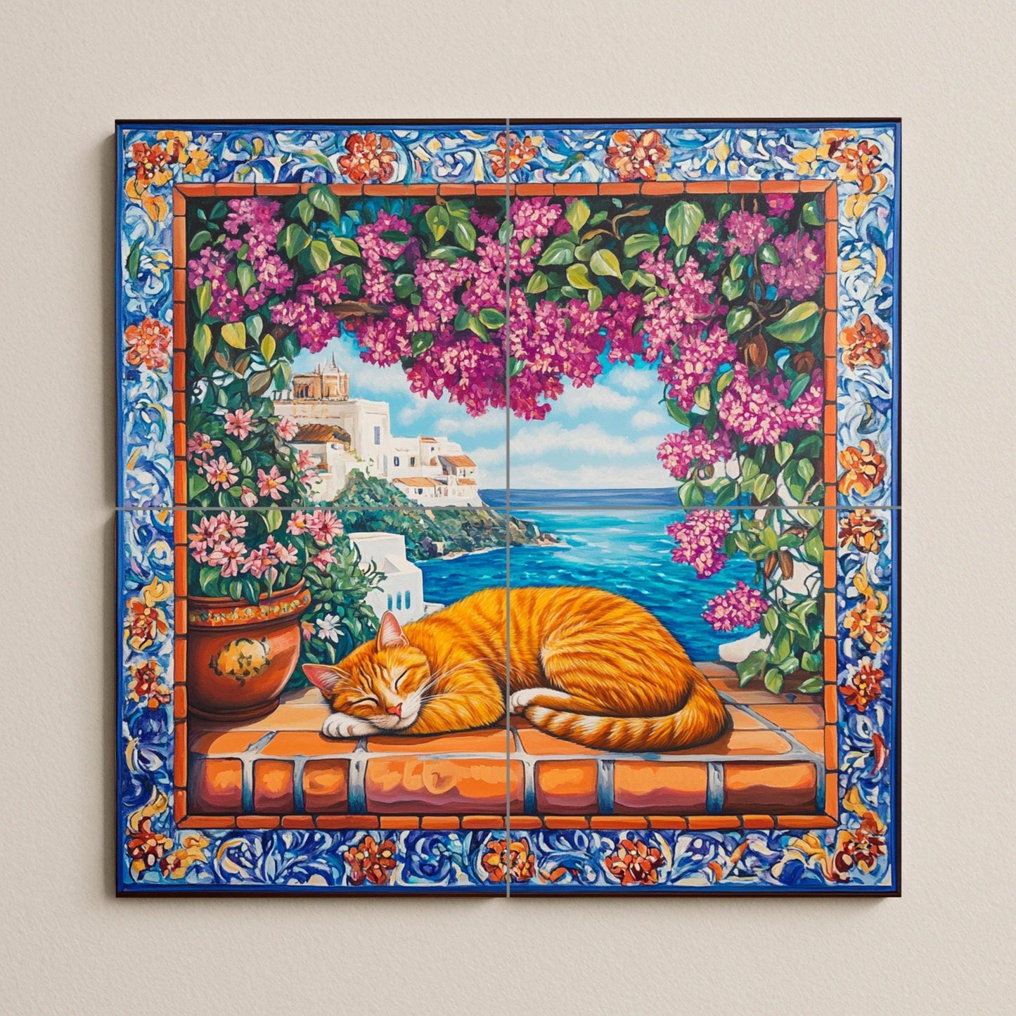 Ceramic tile mural with orange cat sleeping on terracotta tiles, view of a Mediterranean coastal village, bougainvillea and ornate floral border.