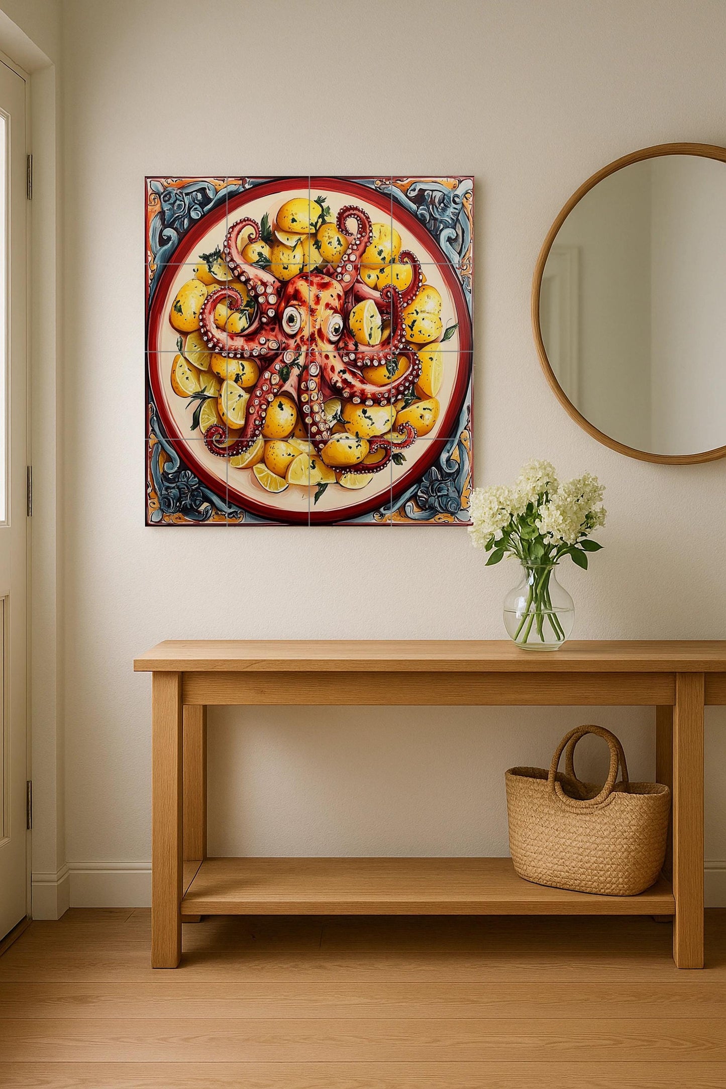 Ceramic tile mural with Galician-style octopus with potatoes and lemons, decorative seafood dish.