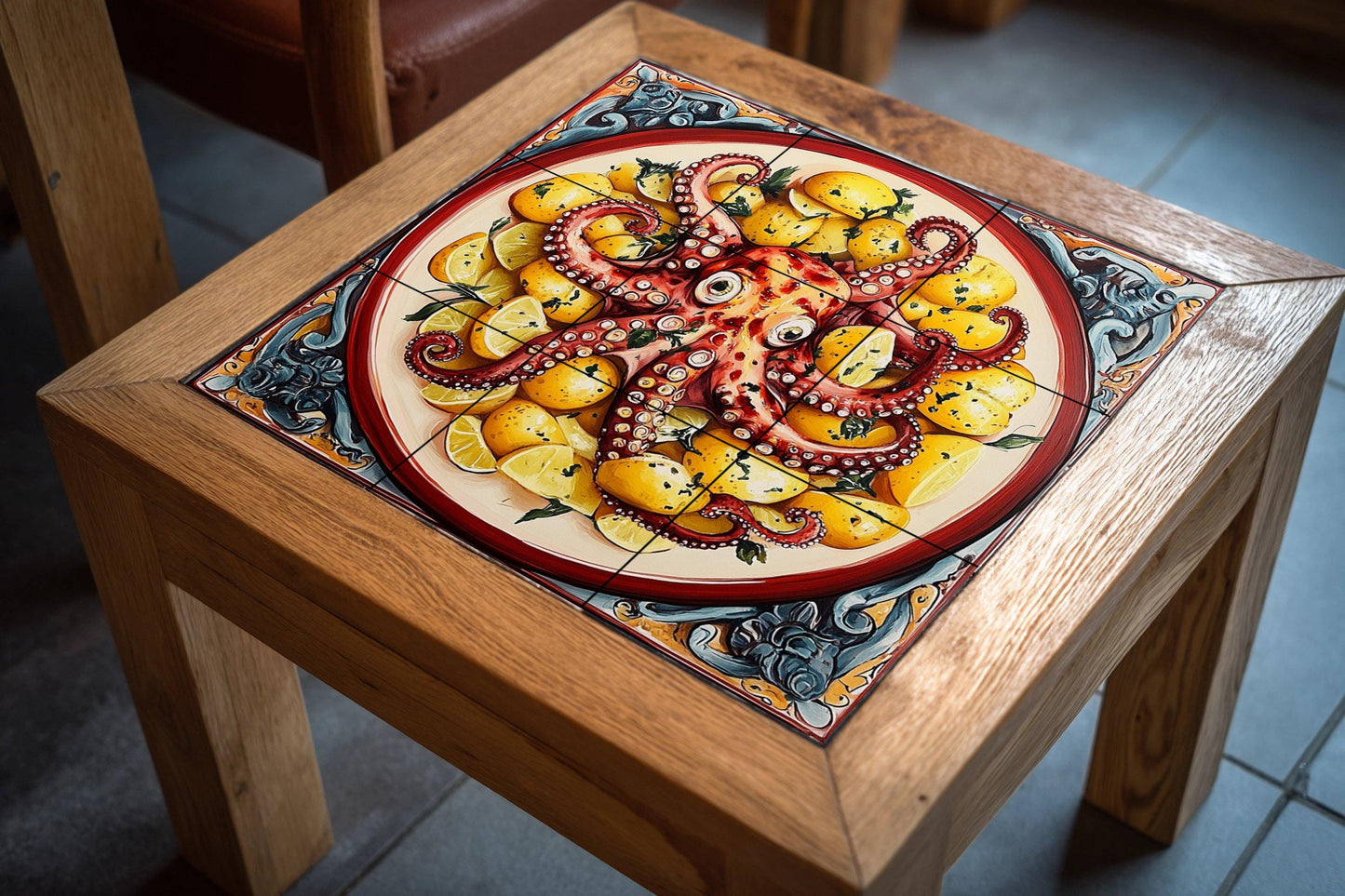 Ceramic tile mural with Galician-style octopus with potatoes and lemons, decorative seafood dish.