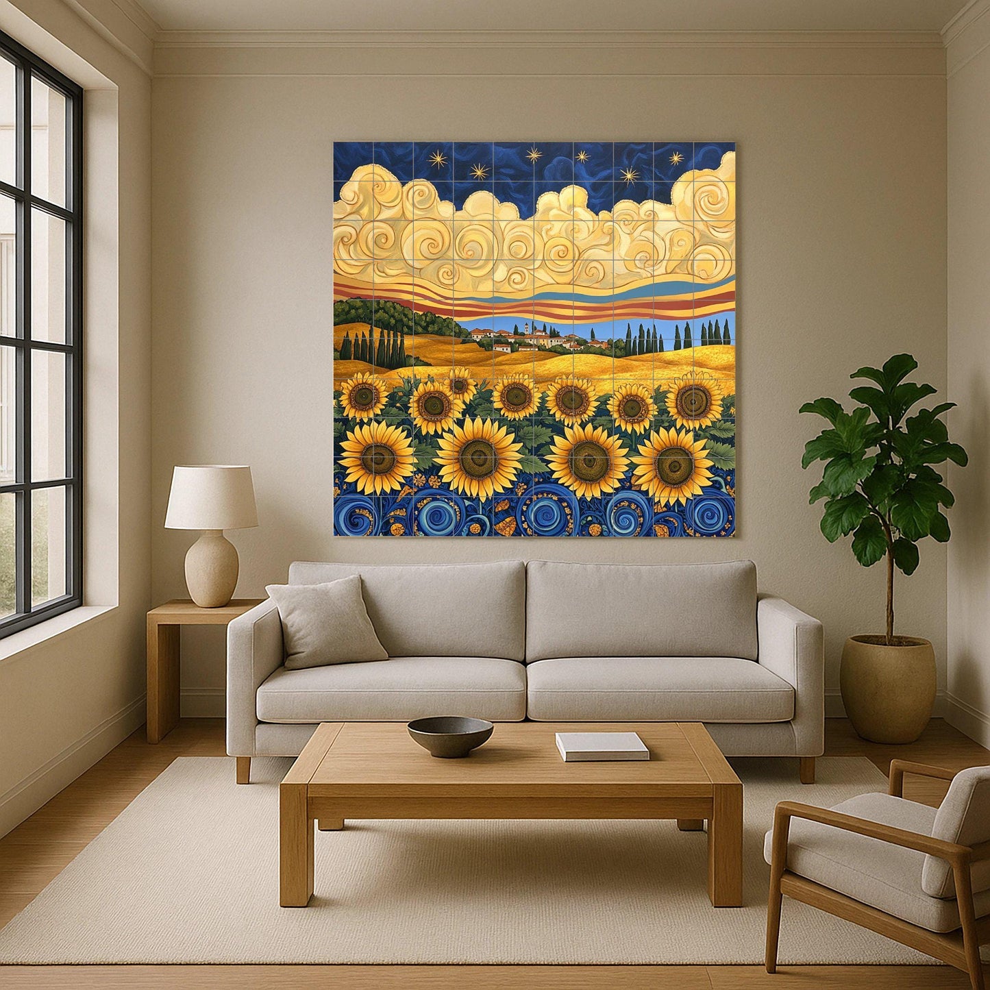 Ceramic tile mural in Van Gogh style with sunflowers, starry night sky, golden fields of Tuscany and cypress trees.