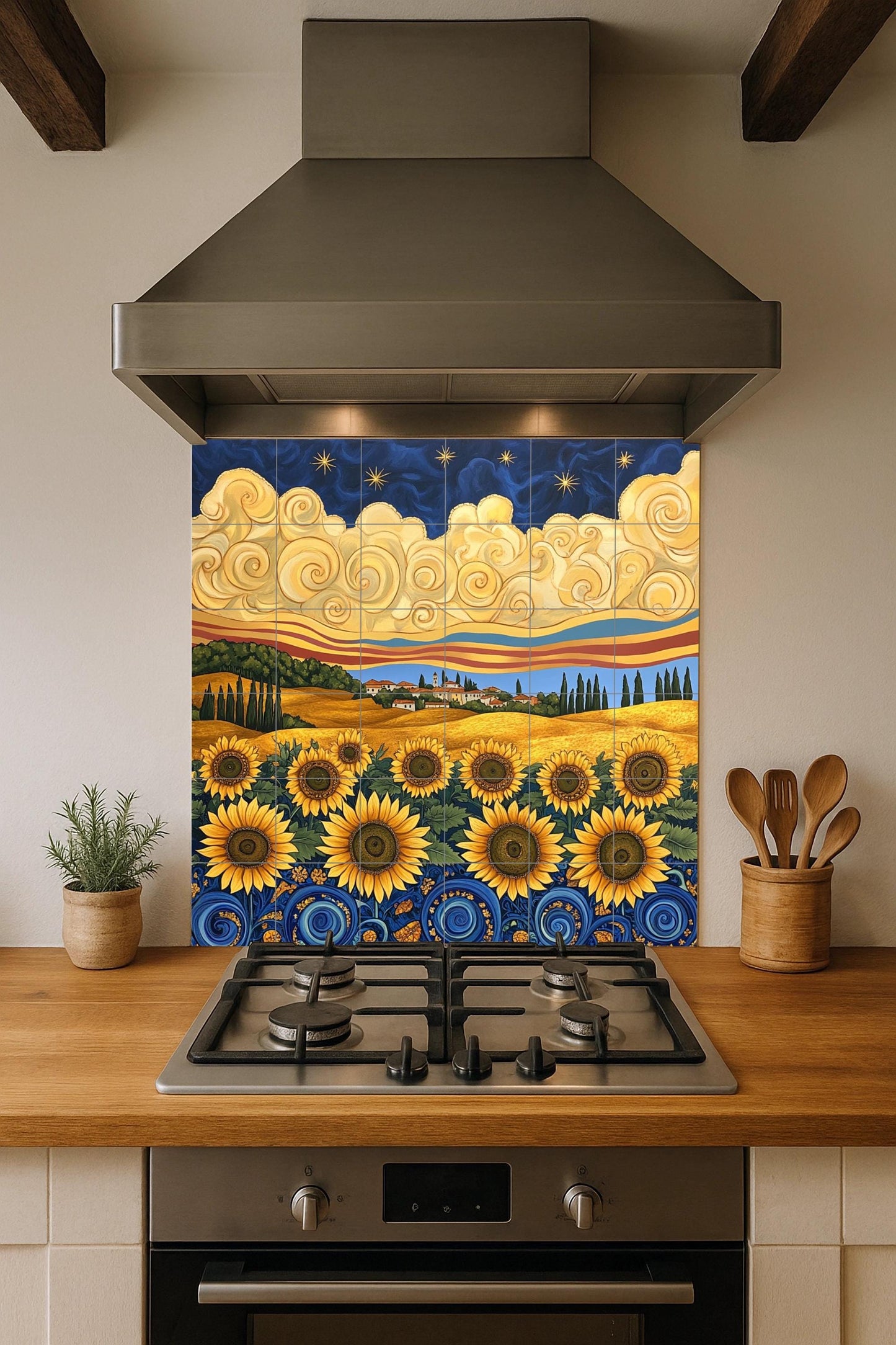 Ceramic tile mural in Van Gogh style with sunflowers, starry night sky, golden fields of Tuscany and cypress trees.