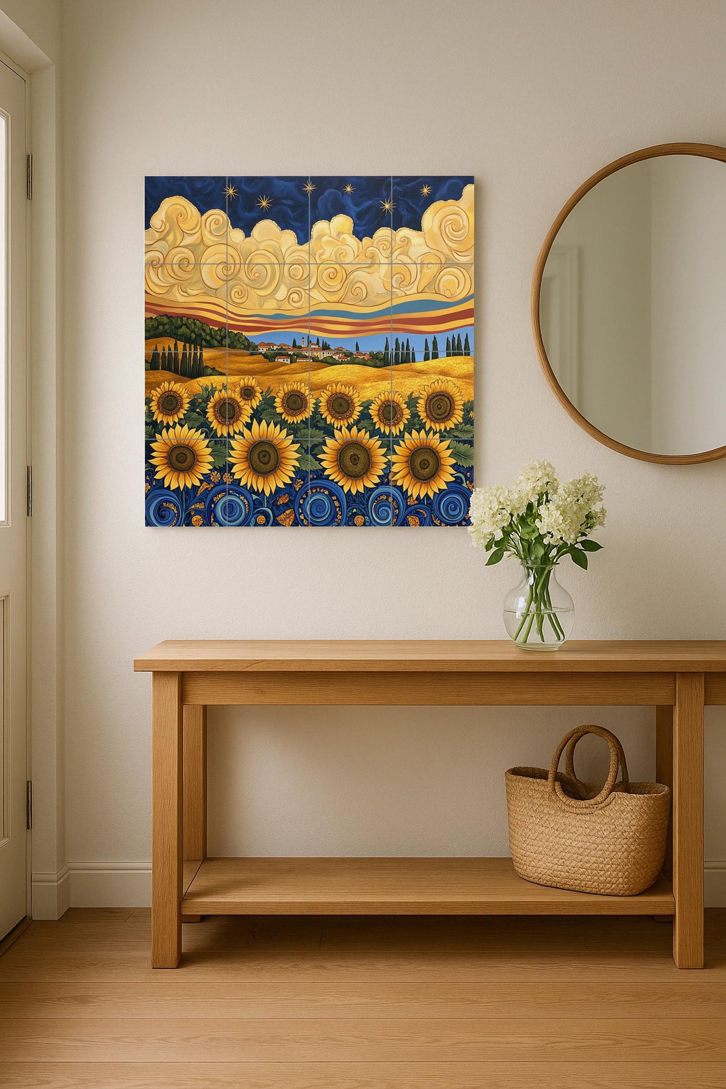 Ceramic tile mural in Van Gogh style with sunflowers, starry night sky, golden fields of Tuscany and cypress trees.