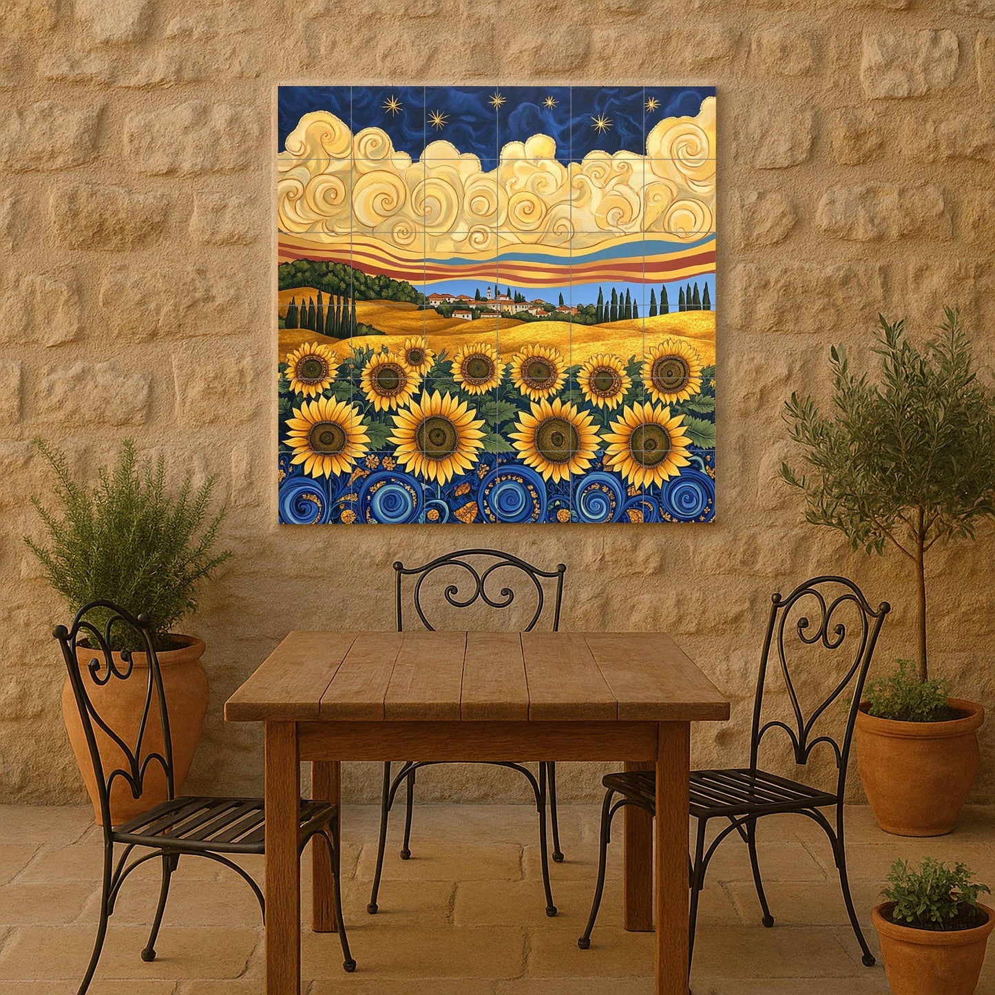 Ceramic tile mural in Van Gogh style with sunflowers, starry night sky, golden fields of Tuscany and cypress trees.