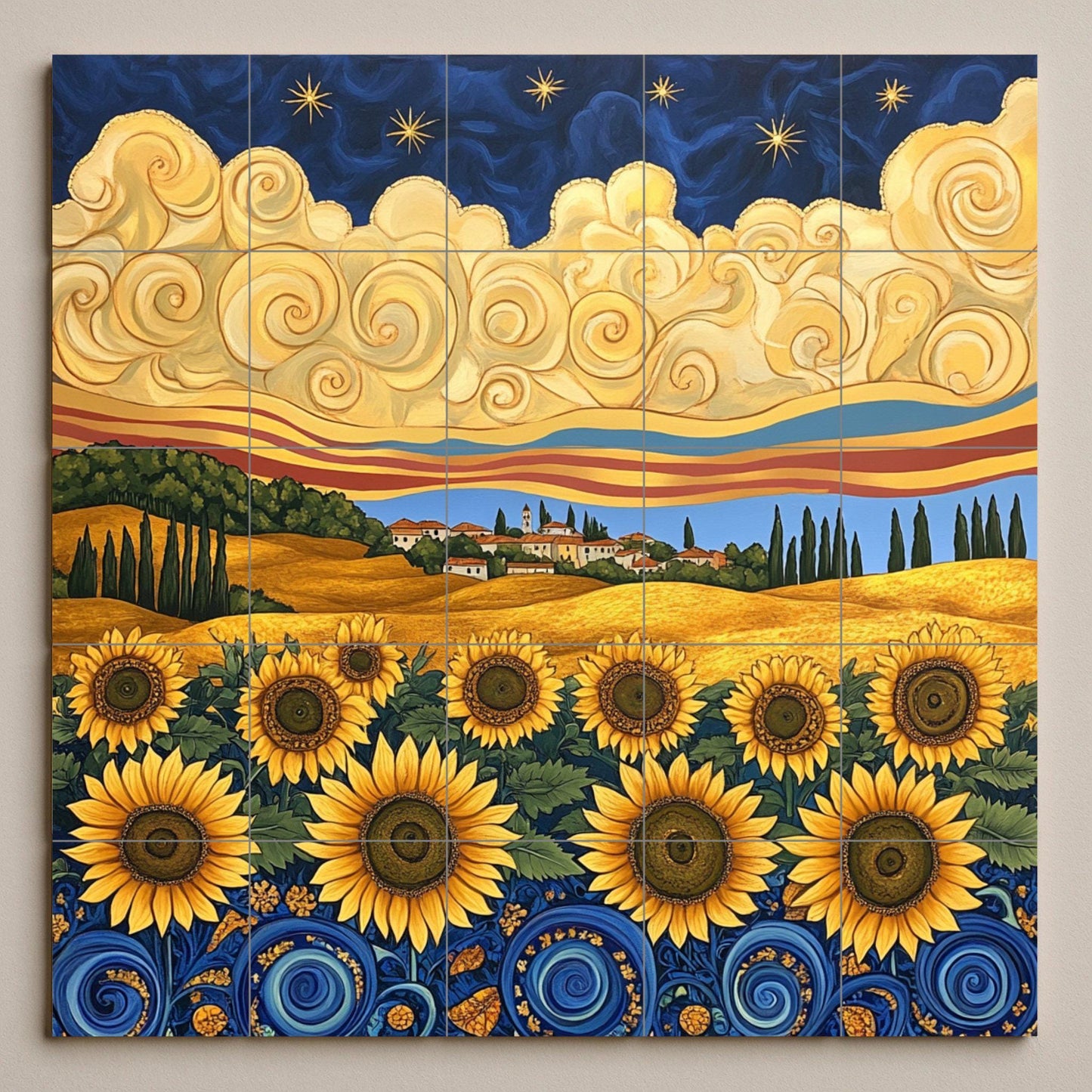 Ceramic tile mural in Van Gogh style with sunflowers, starry night sky, golden fields of Tuscany and cypress trees.