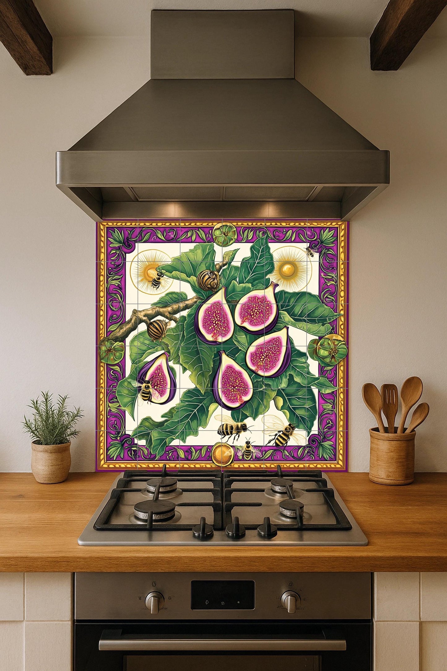 Ceramic tile mural featuring figs, leaves, bees and snails, detailed fruit design with decorative wall art panel with ornate border in purple and gold.
