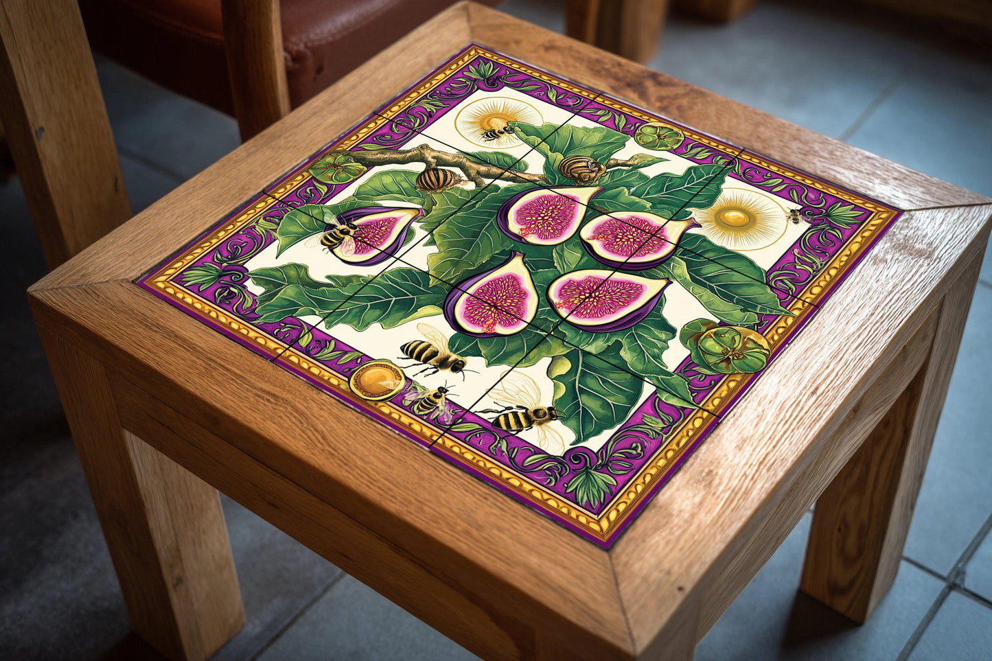 Ceramic tile mural featuring figs, leaves, bees and snails, detailed fruit design with decorative wall art panel with ornate border in purple and gold.