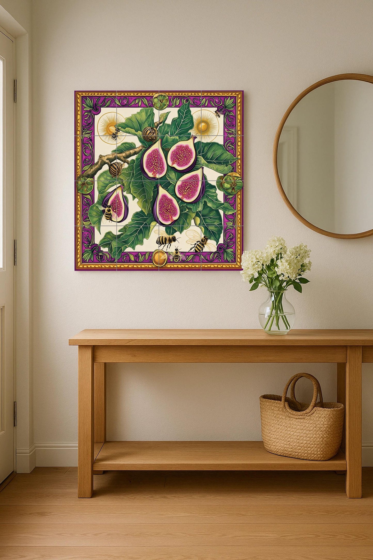 Ceramic tile mural featuring figs, leaves, bees and snails, detailed fruit design with decorative wall art panel with ornate border in purple and gold.