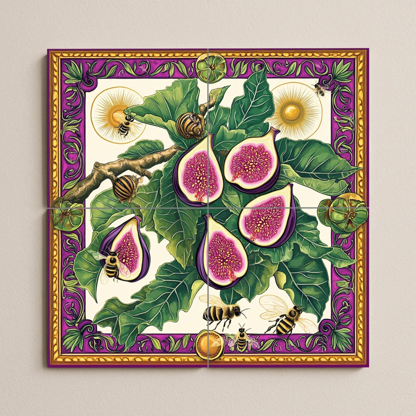 Ceramic tile mural featuring figs, leaves, bees and snails, detailed fruit design with decorative wall art panel with ornate border in purple and gold.