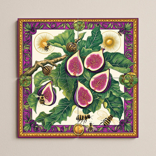Ceramic tile mural featuring figs, leaves, bees and snails, detailed fruit design with decorative wall art panel with ornate border in purple and gold.