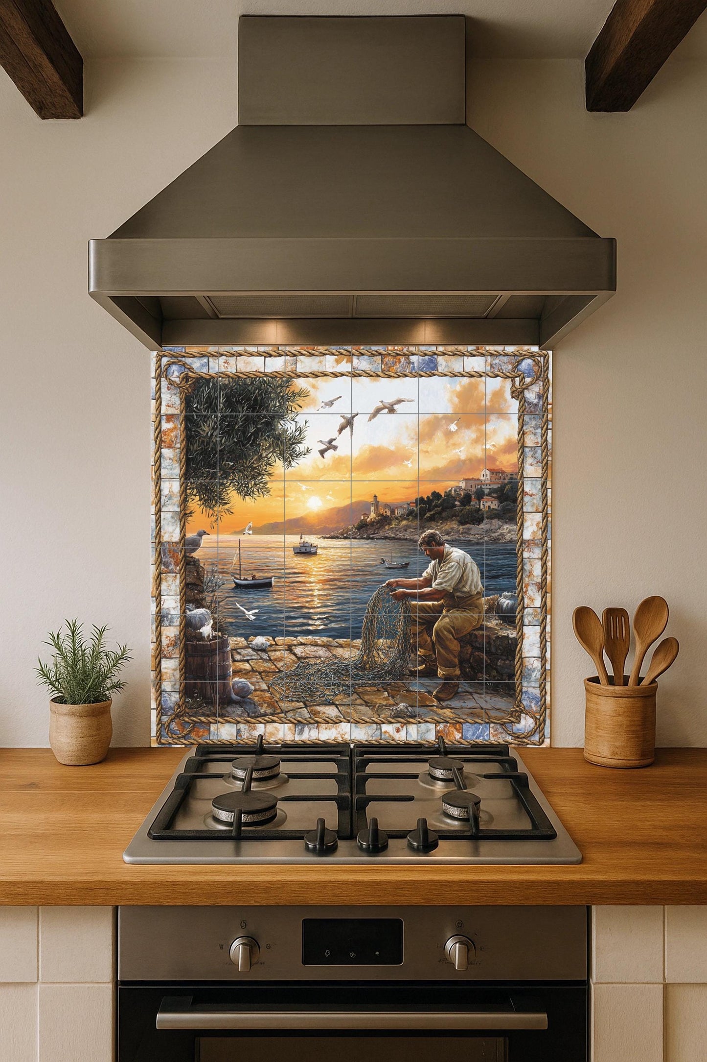 Ceramic tile mural featuring a fisherman repairing a net by the sea, coastal scene at sunset with boats and seagulls, wall panel with rope stone border
