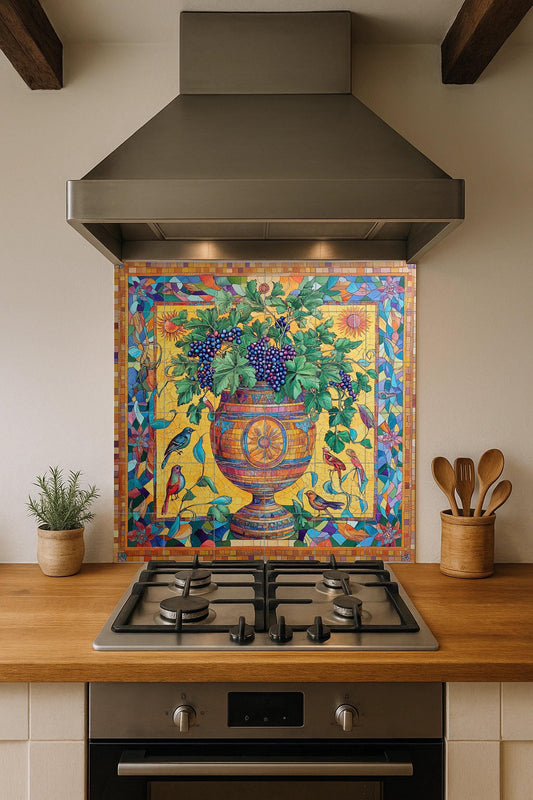 Roman ceramic mosaic mural with vine urn and images of Bacchic vineyards, classical urn with grapes, birds and tesserae border
