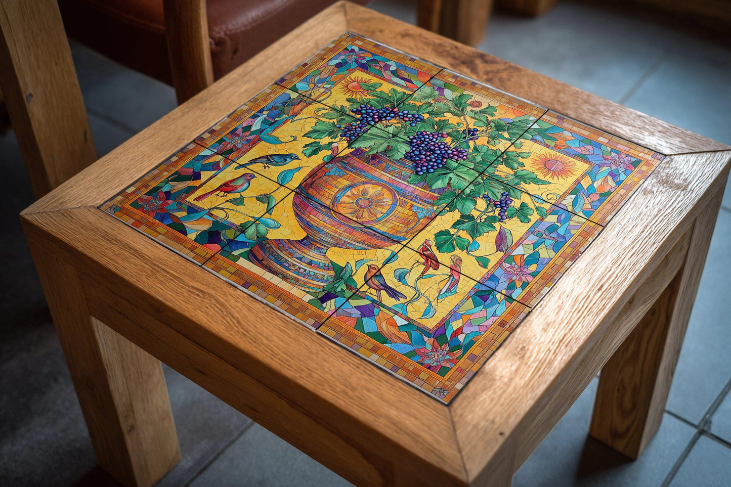 Roman ceramic mosaic mural with vine urn and images of Bacchic vineyards, classical urn with grapes, birds and tesserae border