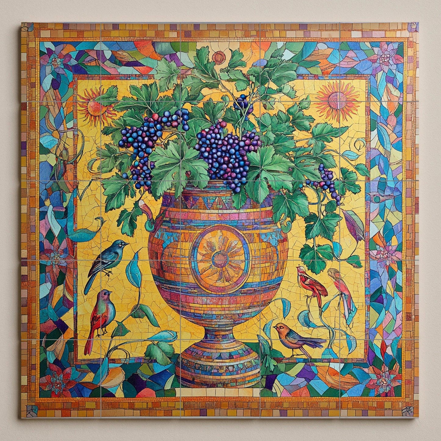 Roman ceramic mosaic mural with vine urn and images of Bacchic vineyards, classical urn with grapes, birds and tesserae border