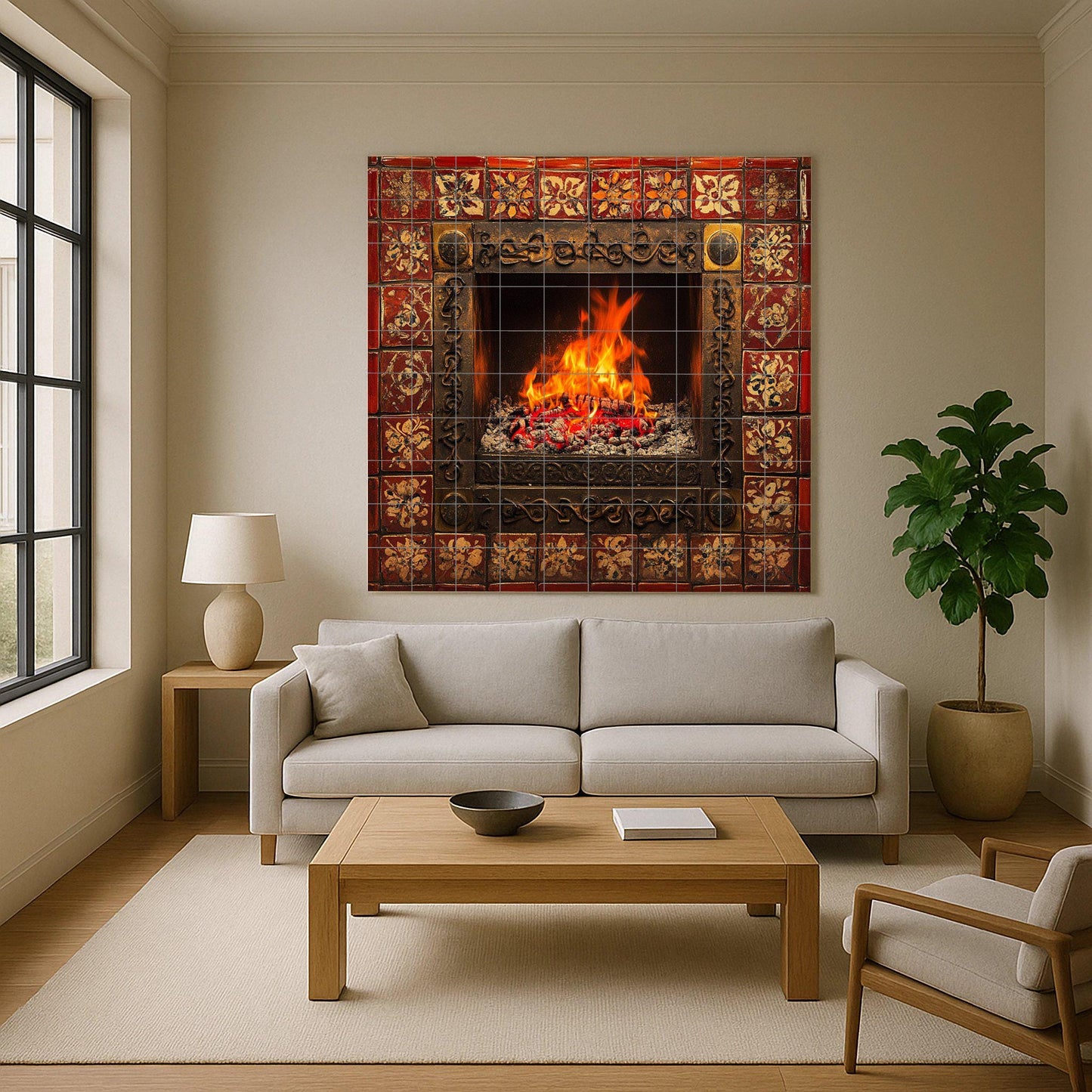 Ceramic tile mural with a lit fireplace and bright flames, border adorned with a red and gold pattern, decorative wall art panel