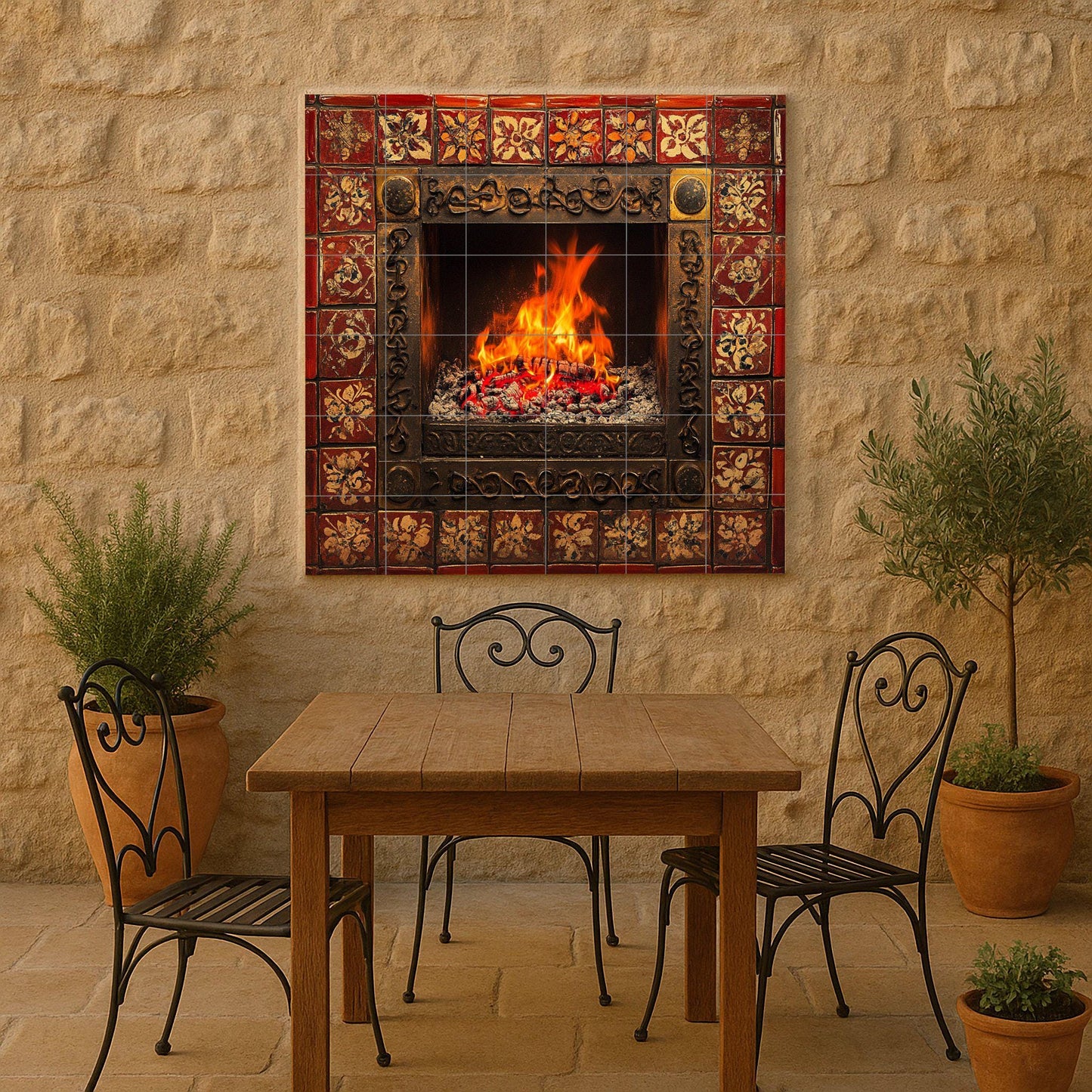 Ceramic tile mural with a lit fireplace and bright flames, border adorned with a red and gold pattern, decorative wall art panel