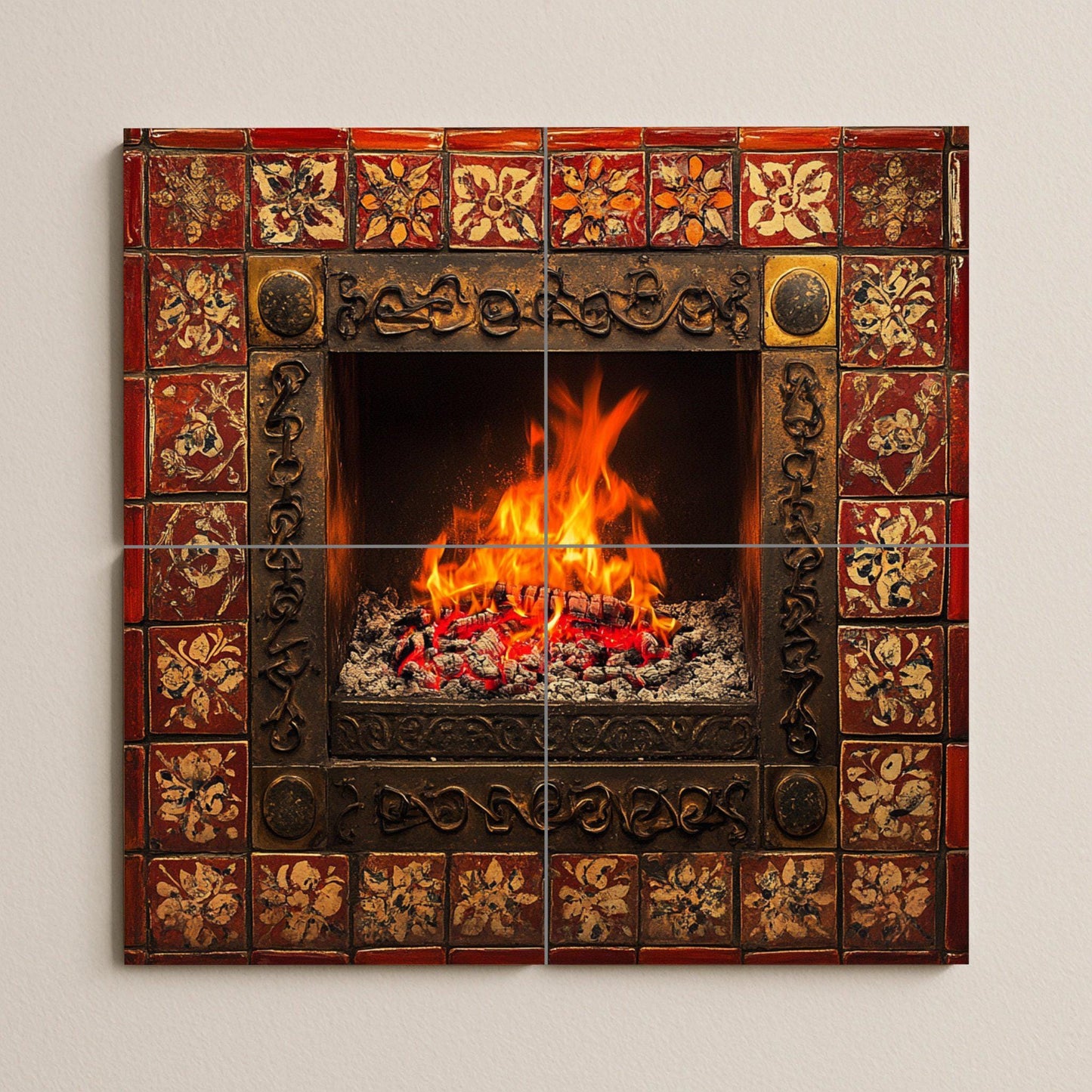 Ceramic tile mural with a lit fireplace and bright flames, border adorned with a red and gold pattern, decorative wall art panel