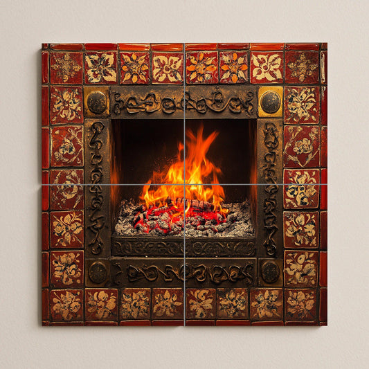 Ceramic tile mural with a lit fireplace and bright flames, border adorned with a red and gold pattern, decorative wall art panel