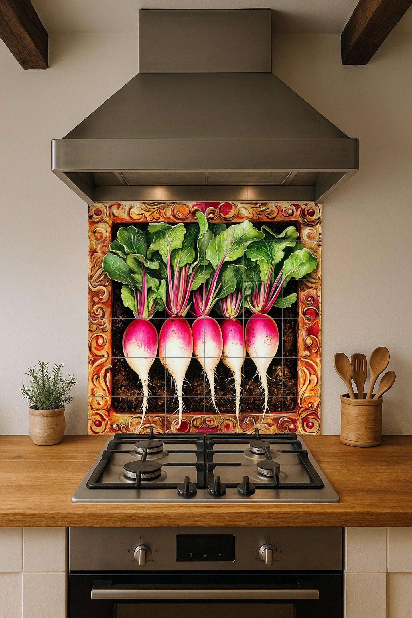 Ceramic tile mural featuring fresh radishes and leafy stems, detailed tuber design with ornate frame, decorative wall art panel