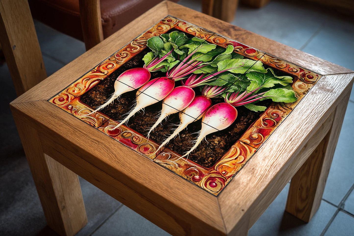 Ceramic tile mural featuring fresh radishes and leafy stems, detailed tuber design with ornate frame, decorative wall art panel