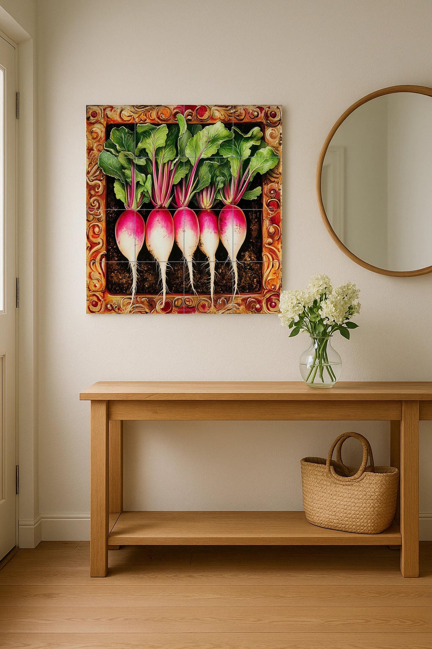 Ceramic tile mural featuring fresh radishes and leafy stems, detailed tuber design with ornate frame, decorative wall art panel