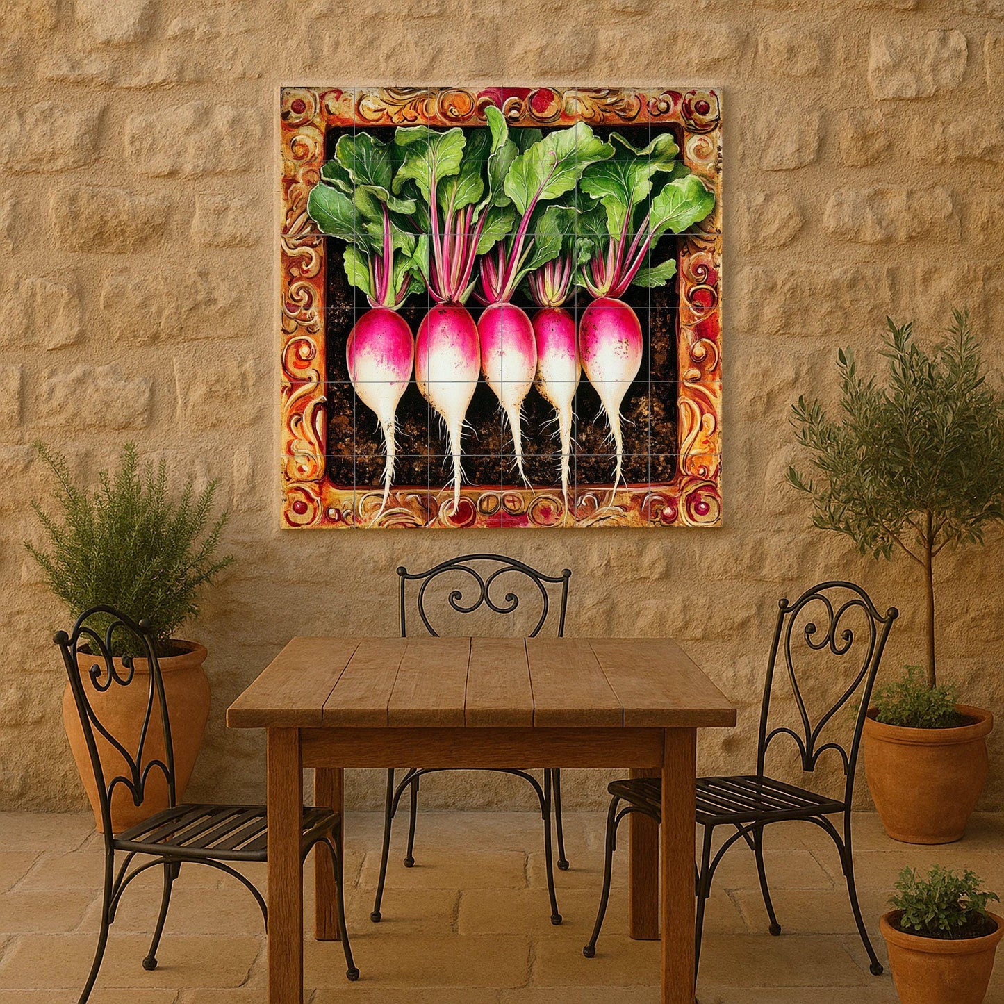 Ceramic tile mural featuring fresh radishes and leafy stems, detailed tuber design with ornate frame, decorative wall art panel