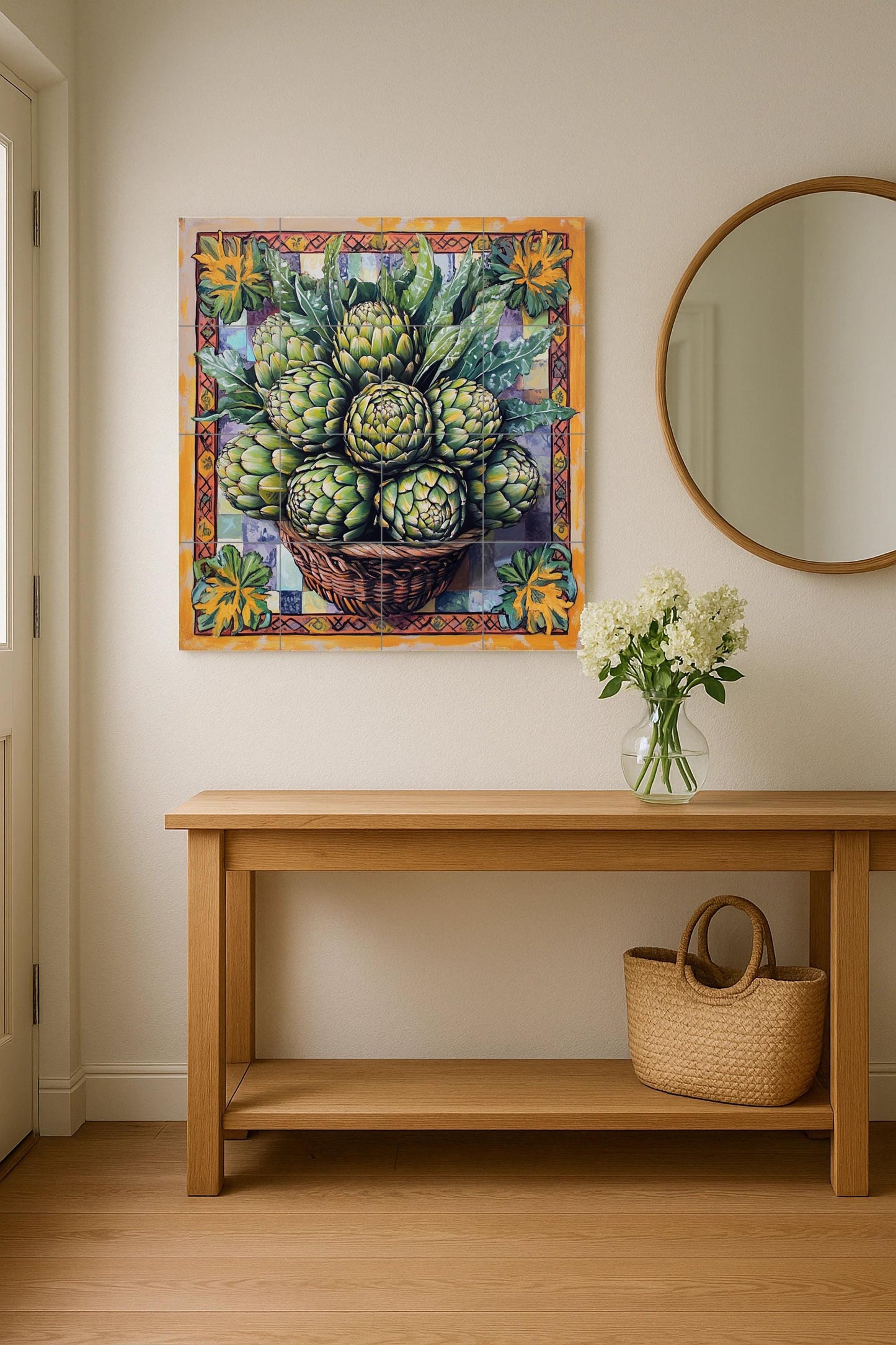 Ceramic tile mural with basket of fresh artichokes and decorative wall art panel with detailed leaf arrangement