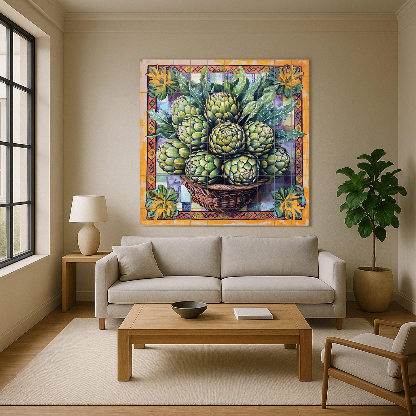 Ceramic tile mural with basket of fresh artichokes and decorative wall art panel with detailed leaf arrangement