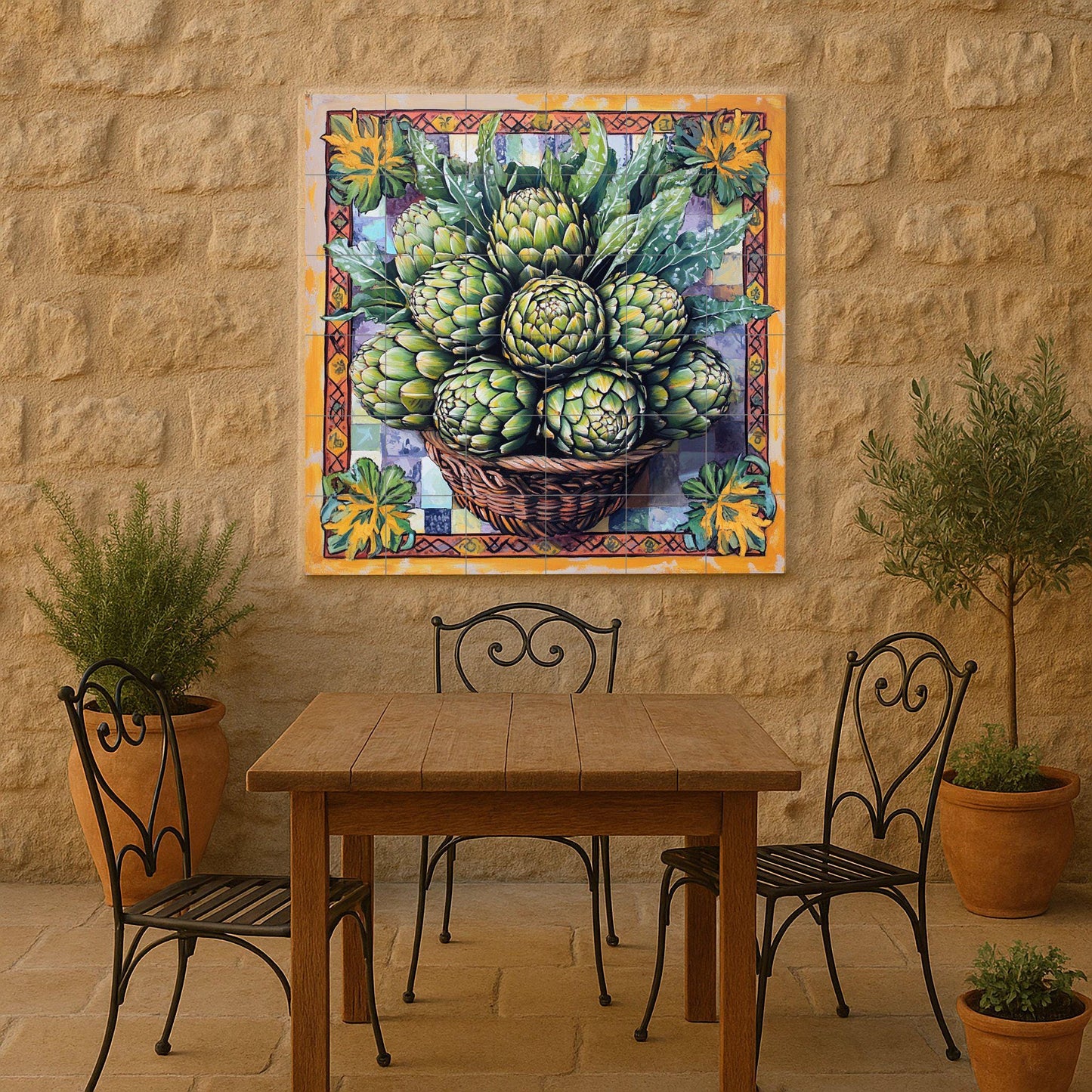 Ceramic tile mural with basket of fresh artichokes and decorative wall art panel with detailed leaf arrangement