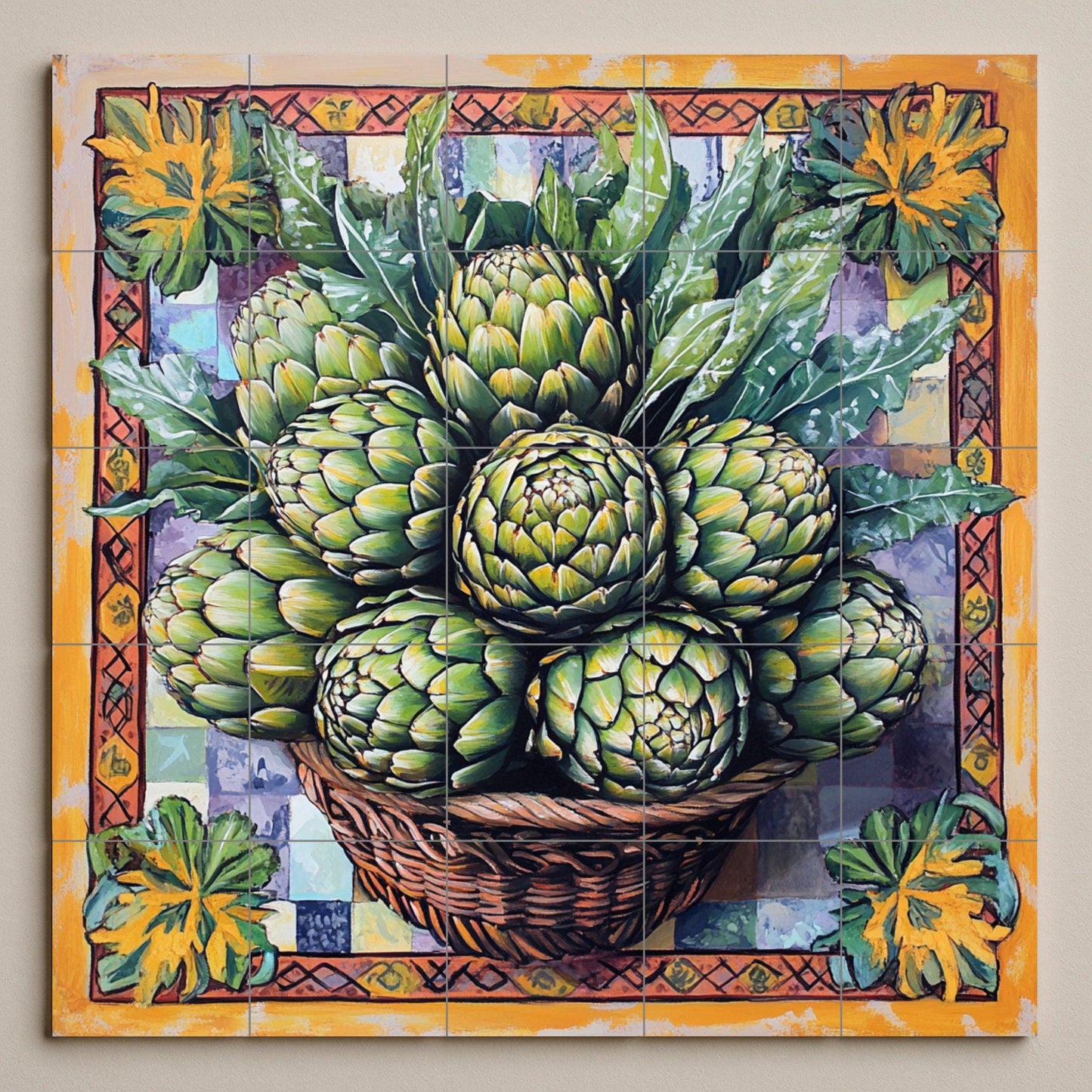 Ceramic tile mural with basket of fresh artichokes and decorative wall art panel with detailed leaf arrangement