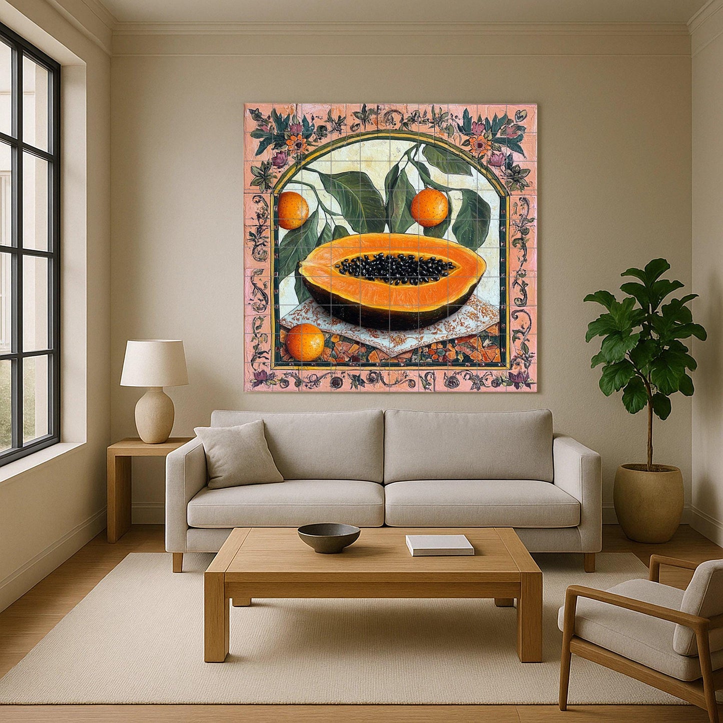 Colonial botanical ceramic tile mural with papaya and citrus fruits, ornate floral border, Latin American still life decorative wall panel