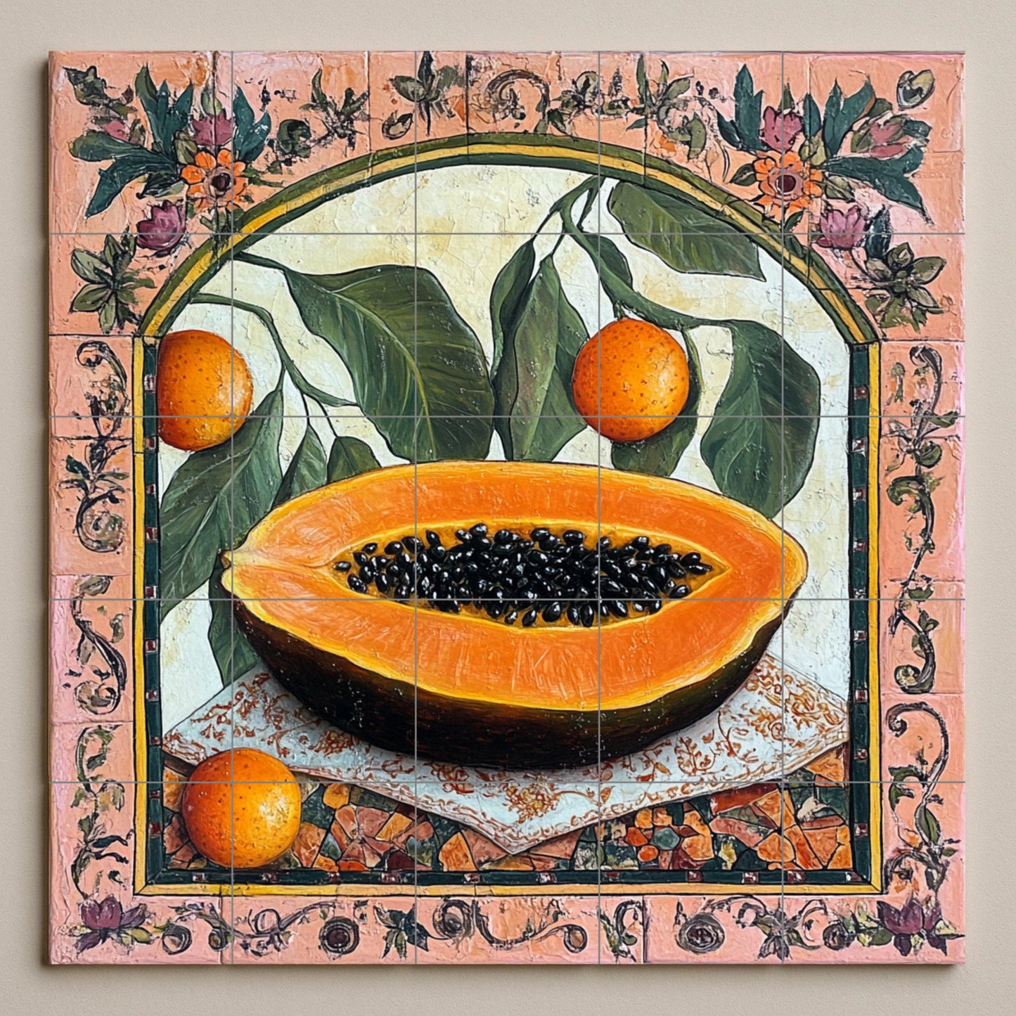 Colonial botanical ceramic tile mural with papaya and citrus fruits, ornate floral border, Latin American still life decorative wall panel