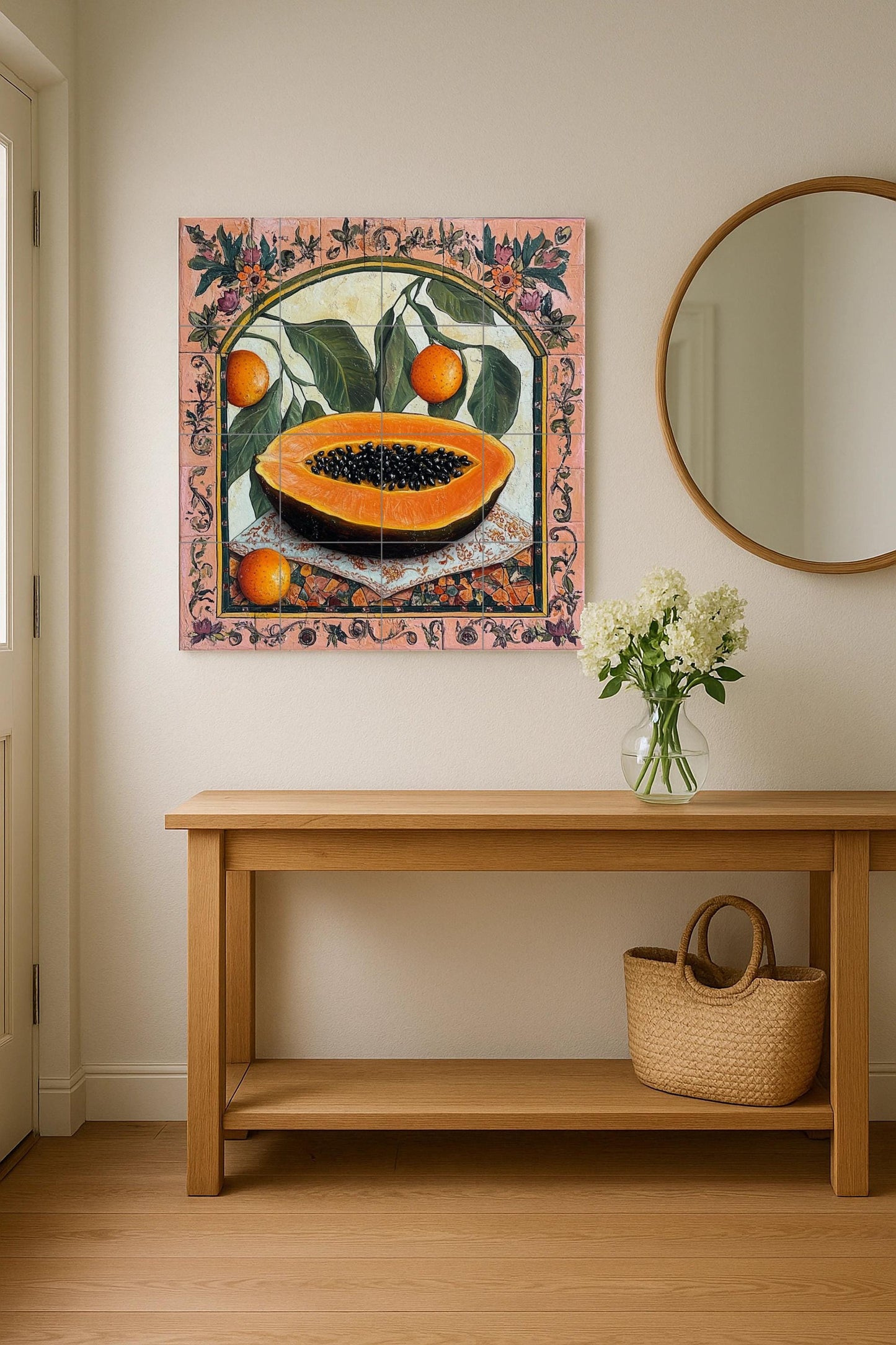 Colonial botanical ceramic tile mural with papaya and citrus fruits, ornate floral border, Latin American still life decorative wall panel