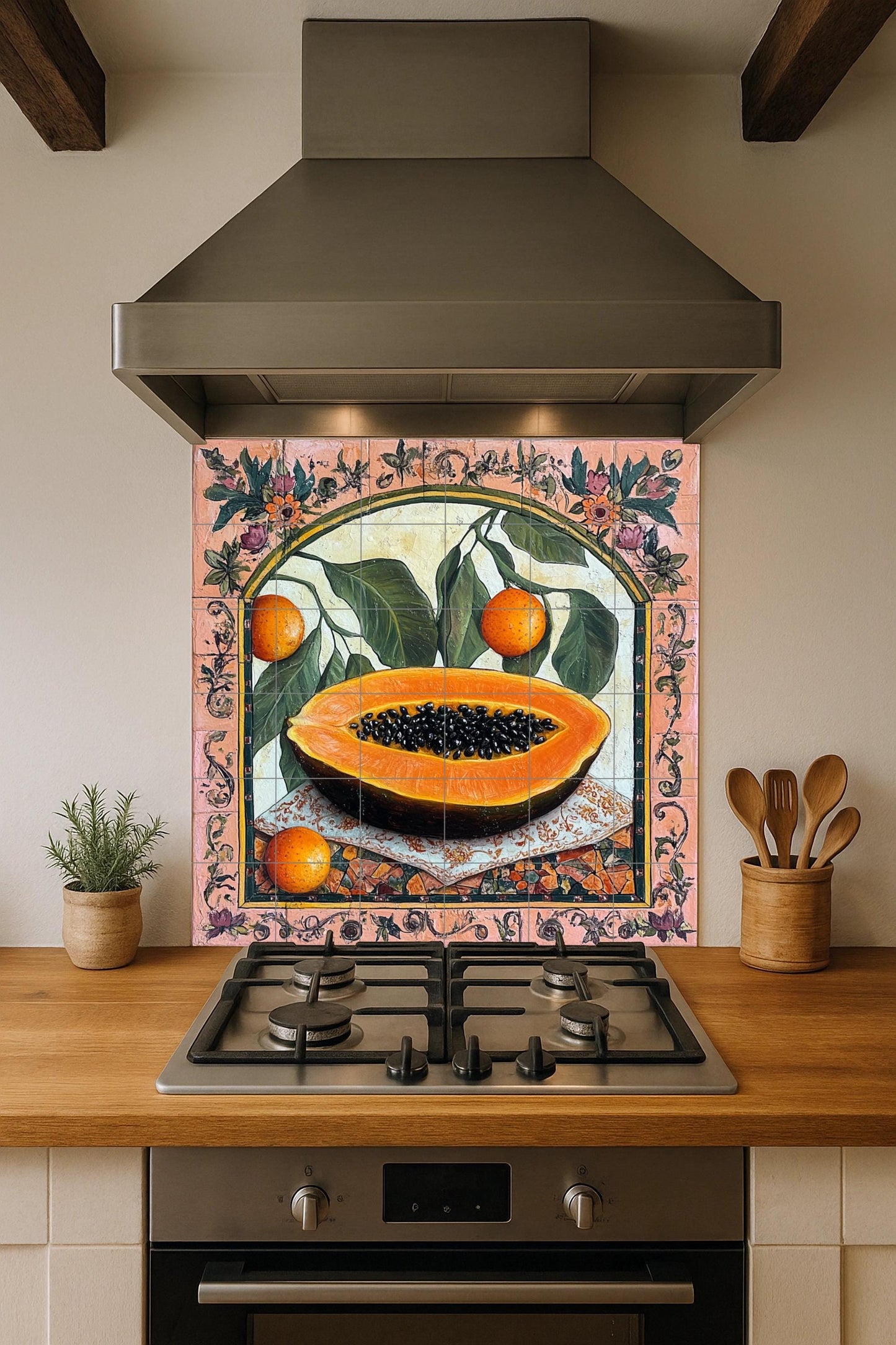 Colonial botanical ceramic tile mural with papaya and citrus fruits, ornate floral border, Latin American still life decorative wall panel