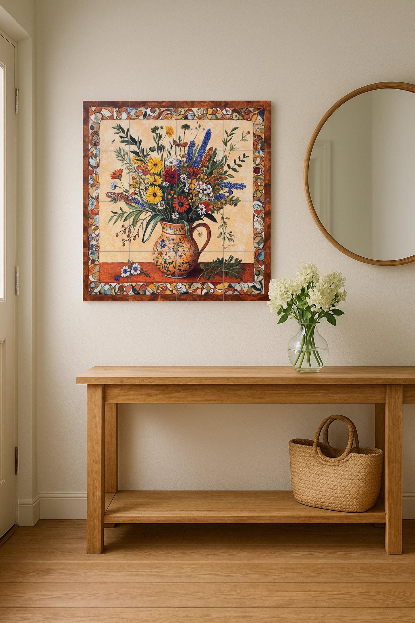 Renaissance botanical ceramic wall mural with ornate floral arrangement in rustic jug, classic decorative border, Mediterranean villa art