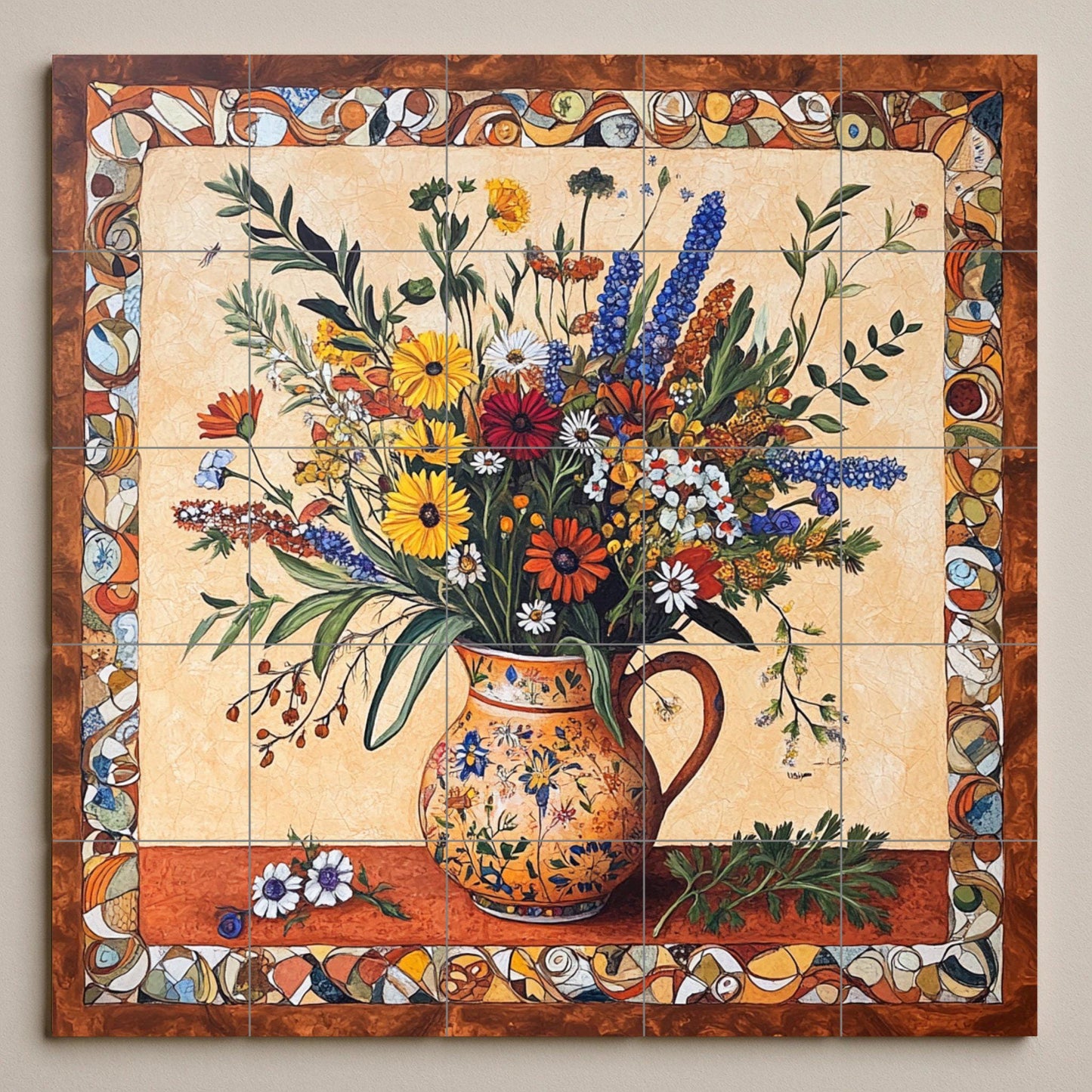 Renaissance botanical ceramic wall mural with ornate floral arrangement in rustic jug, classic decorative border, Mediterranean villa art