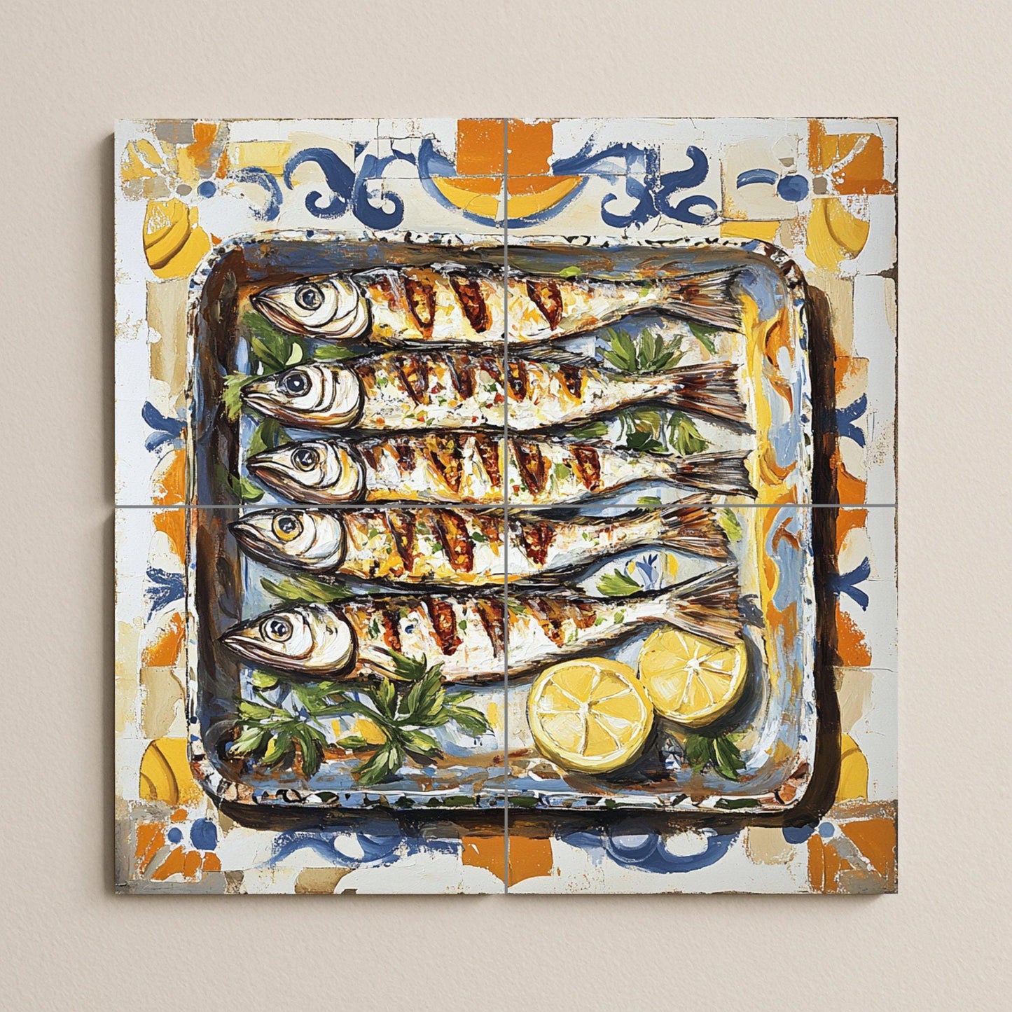 Ceramic tile mural of sardines from Malaga with Andalusian maritime tradition, grilled fish with lemons, decorative Spanish Mediterranean tapas