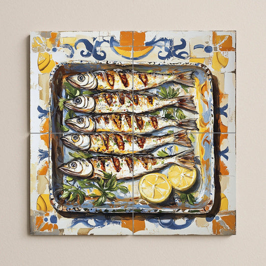 Ceramic tile mural of sardines from Malaga with Andalusian maritime tradition, grilled fish with lemons, decorative Spanish Mediterranean tapas