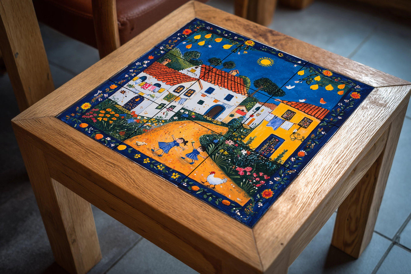 Portuguese naive art ceramic mural with terracotta roofed houses, a cheerful rural village and a decorative panel of folk tiles.