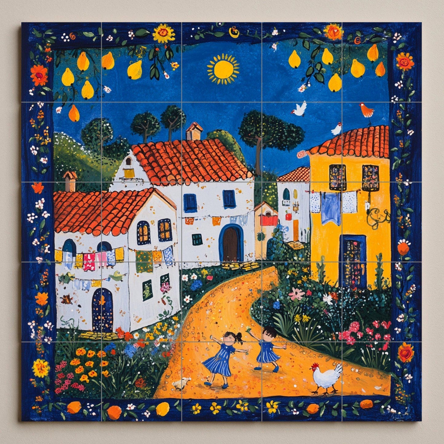 Portuguese naive art ceramic mural with terracotta roofed houses, a cheerful rural village and a decorative panel of folk tiles.